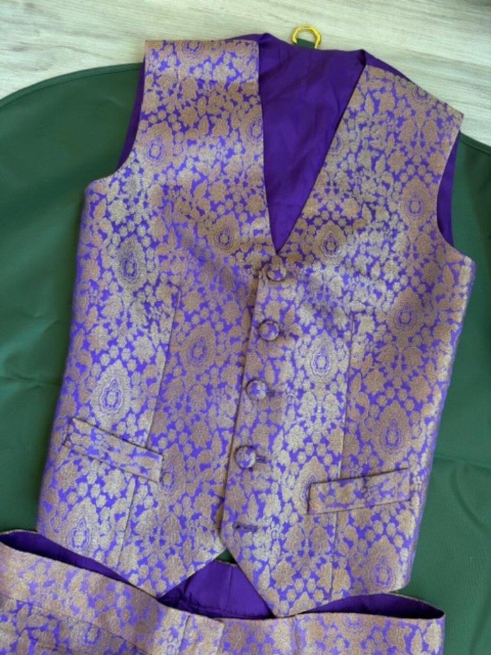 Bespoke tailored, Purple/gold Jacquard low rise pants with a vest, size XS/S